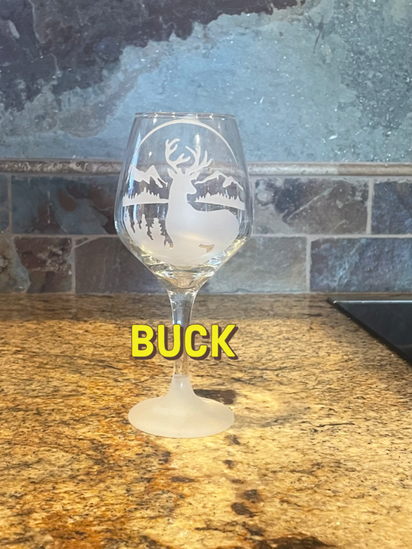 Wine Glass with Sand Blasted Base Lodge Series Buck Scene.