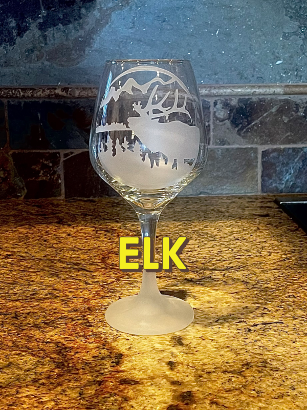 Wine Glass with Sand Blasted Base Lodge Series Elk Scene.