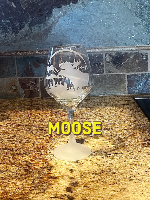 Wine Glass with Sand Blasted Base Lodge Series Moose Scene.