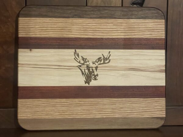 8 X 10 BOARD WITH Engraved Moose Head on Board with Walnut, Oak, Purple Heart and Hickory