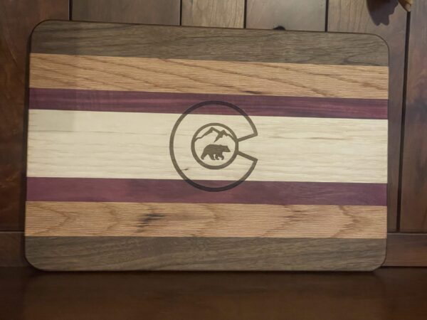 8 X 10 BOARD with Engraved Colorado Logo Bear Mountain on Board with Walnut, Oak, Purple Heart and Hickory