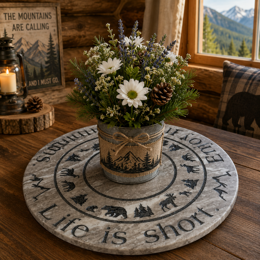 17" Waterfall Marble Lazy Susan - LIFE IS SHORT. ENJOY THE MOUNTAINS WILDLIFE Tree Border CCD