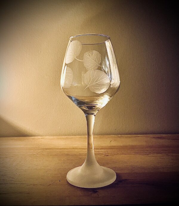 Aspen Wine Glass with sand blasted base by Colorado Custom Decor.