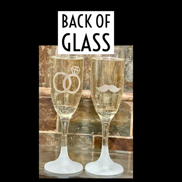 Back of Bride & Groom Champagne Flutes with sand blasted base by Colorado Custom Decor.