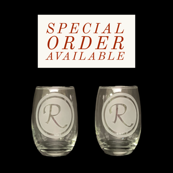 Monogram on Stemless wine glass by Colorado Custom Decor.