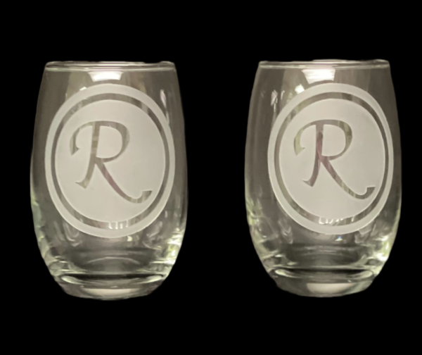 Monogram on Stemless wine glass. Dishwasher Safe.