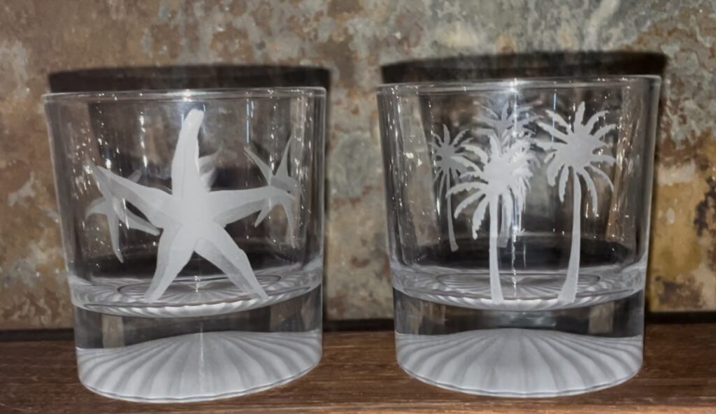 SPECIAL ORDER PALM TREE & STARFISH ON CRYSTAL VENUX ROCKS GLASSES