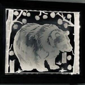 Bear in Meadow Barnwood Framed Illuminated Engraved Glass