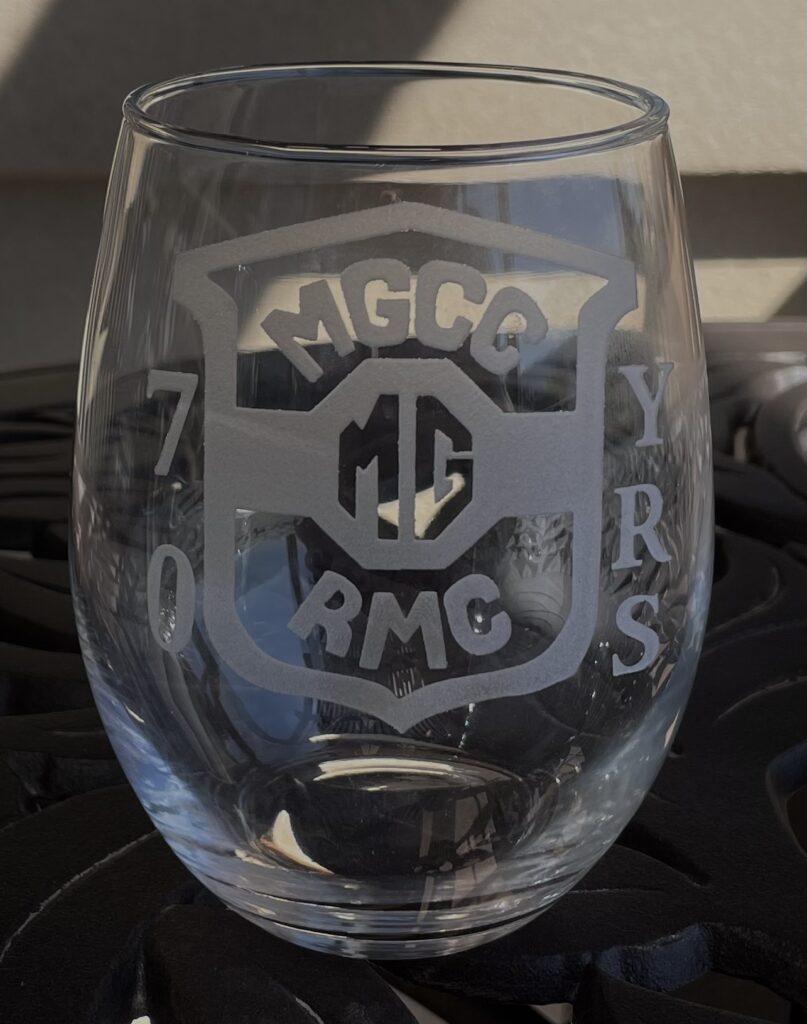 SPECIAL ORDER MGCR CAR CLUB LOGO STEMLESS WINE GLASS.