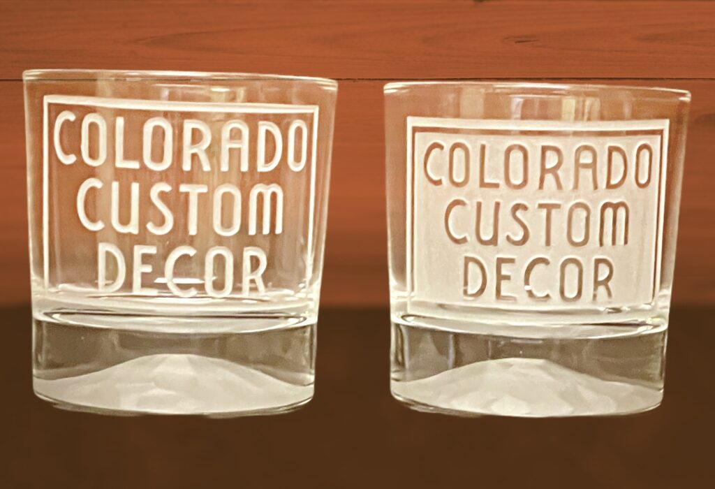 Colorado Custom Decor sand blasted two different ways on Mountain Rocks Glasses.
