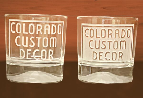 Colorado Custom Decor sand blasted two different ways on Mountain Rocks Glasses.