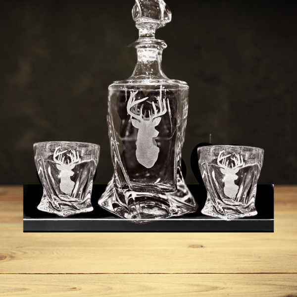 Buck Twisted Decanter Set sand blasted by Colorado Custom Decor.