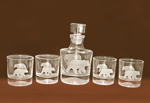 Bear Mountain Decanter Set sand blasted by Colorado Custom Decor.