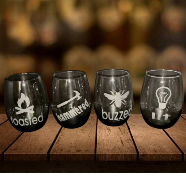 Funny Set Stemless Smoked Wine Glasses. Colorado Custom Decor.