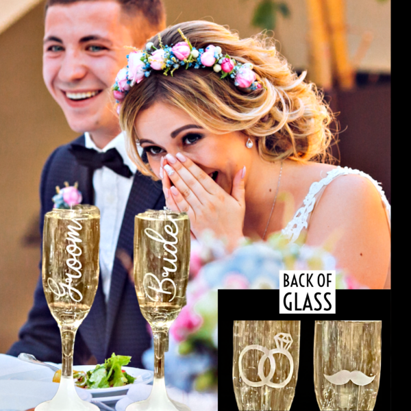 Bride & Groom Champagne Flute sand blasted by Colorado Custom Decor.