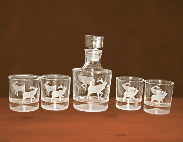 Elk Mountain Decanter Set sand blasted by Colorado Custom Decor.