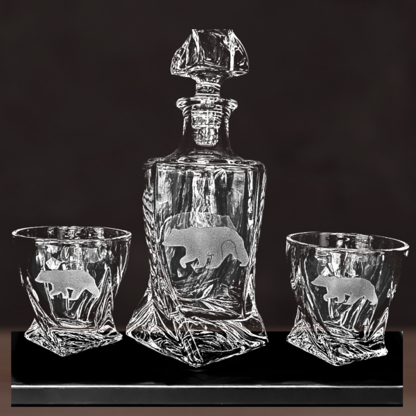 Bear Twisted Decanter Set sand blasted by Colorado Custom Decor.