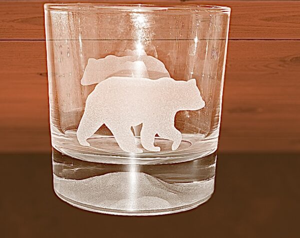 Bear Mountain Rocks Glass sand blasted by Colorado Custom Decor.