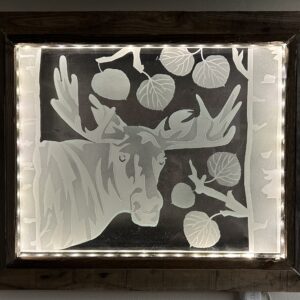 Moose in Aspens Barnwood Framed Illuminated Engraved Glass