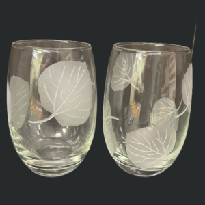 Aspen Leaf Stemless Wine Glass CCD. Dishwasher safe. Sand Blasted so has crystal clear image.