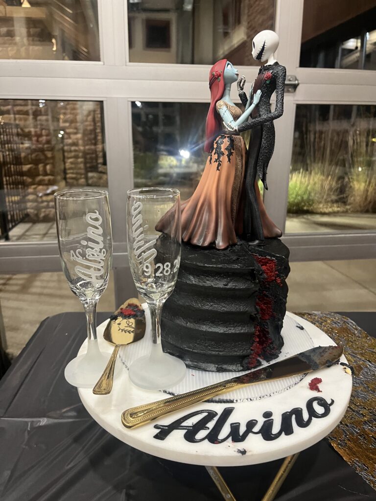 Marble Cake Stand and Champagne Glasses engraved for wedding