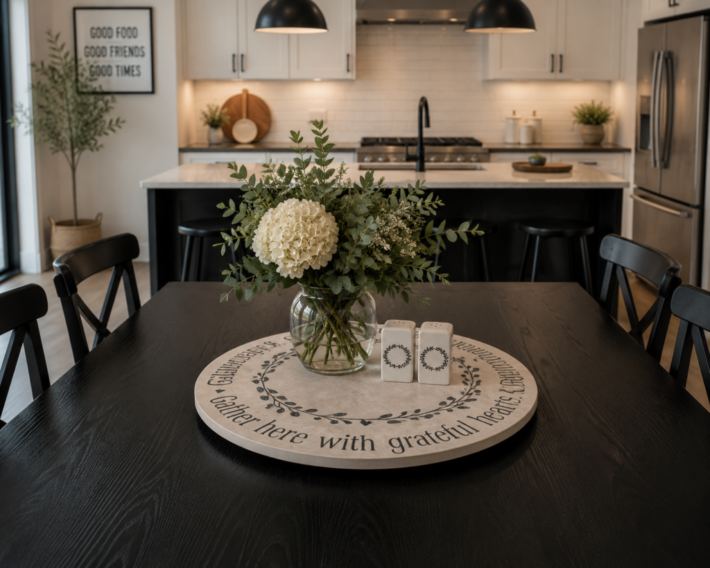 15” White Marble Lazy Susan GATHER HERE WITH GRATEFUL HEARTS LEAVES CCD
