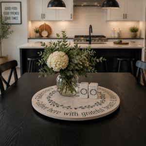 15” White Marble Lazy Susan GATHER HERE WITH GRATEFUL HEARTS LEAVES CCD