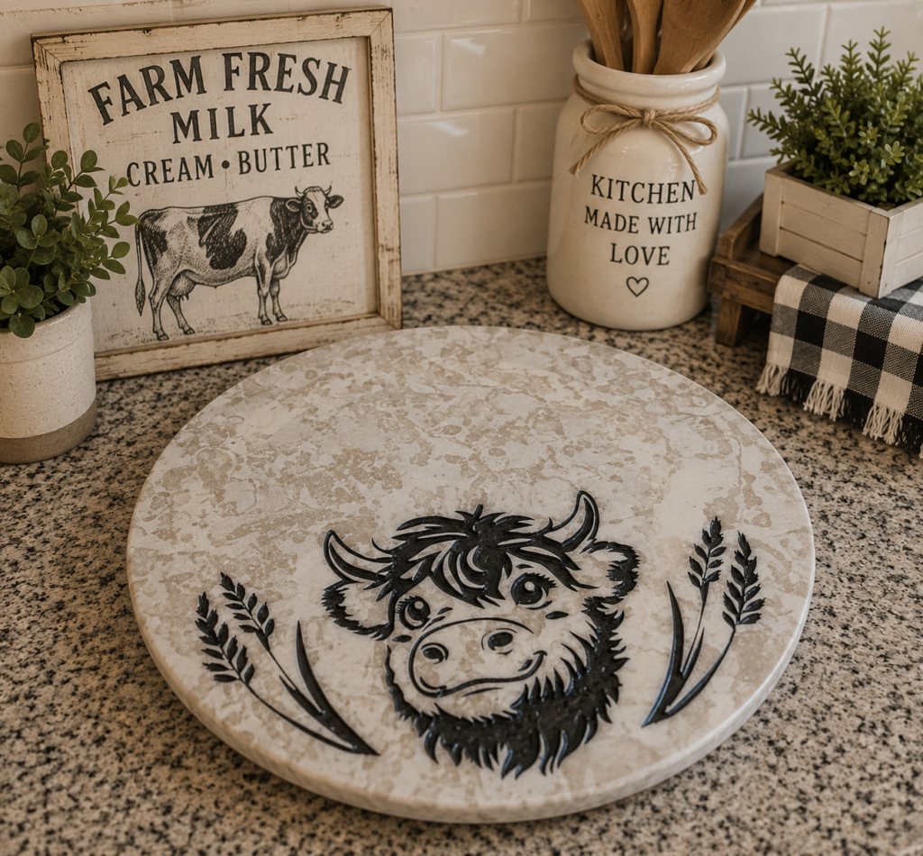 12" Waterfall Lazy Susan - Highland Cow