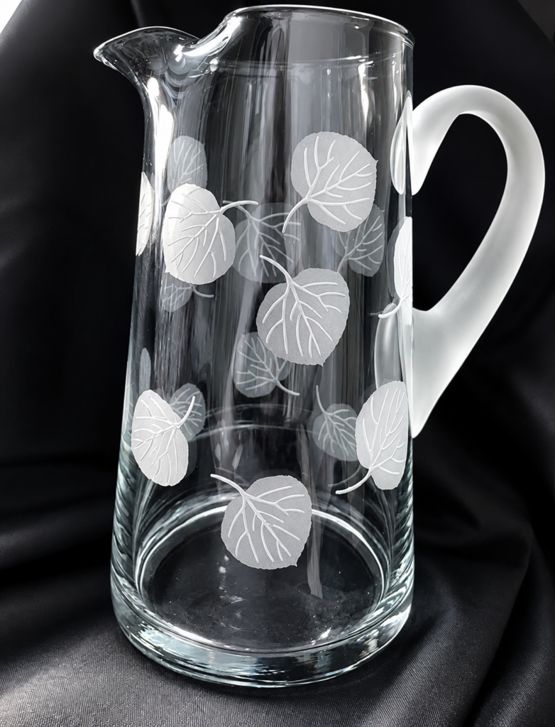 Glass Pitcher with Sand Blasted Handle - ASPEN LEAF CCD