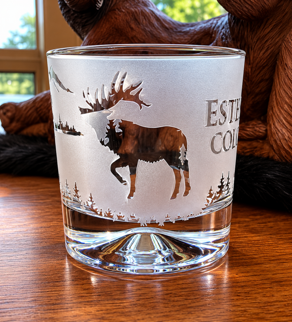 Personalized Crystal Mountain Base Glass with your City or Name (Bear, Elk Moose around glass)