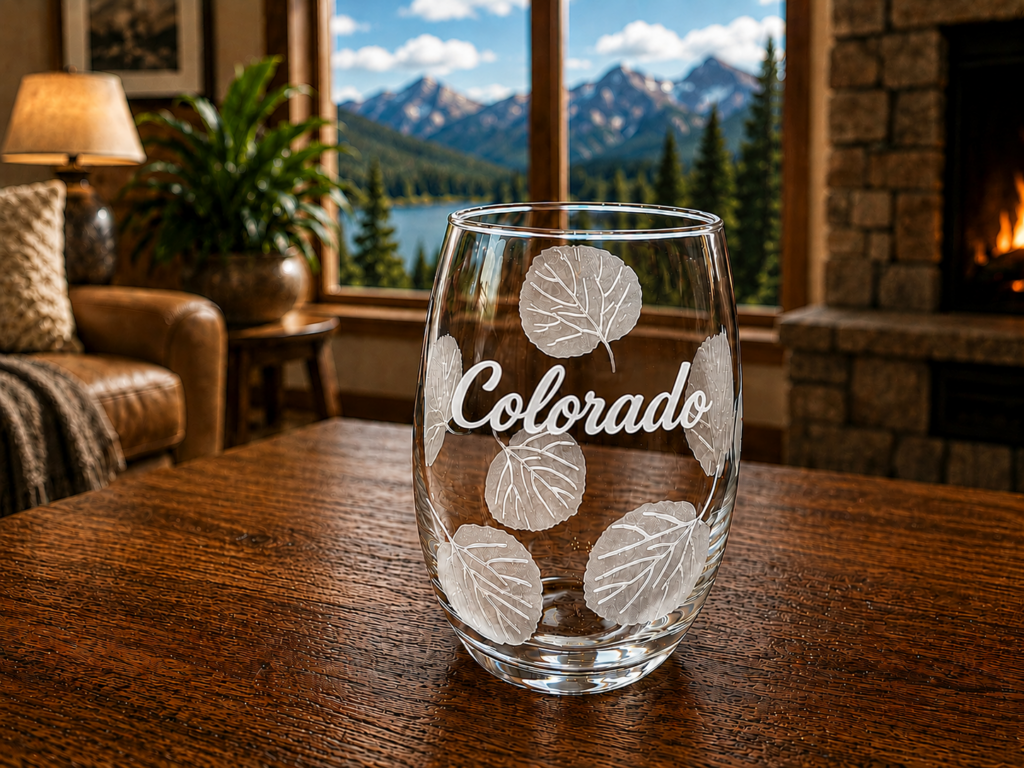 Stemless Wine Glass Narrow Aspen Colorado, Town or Name